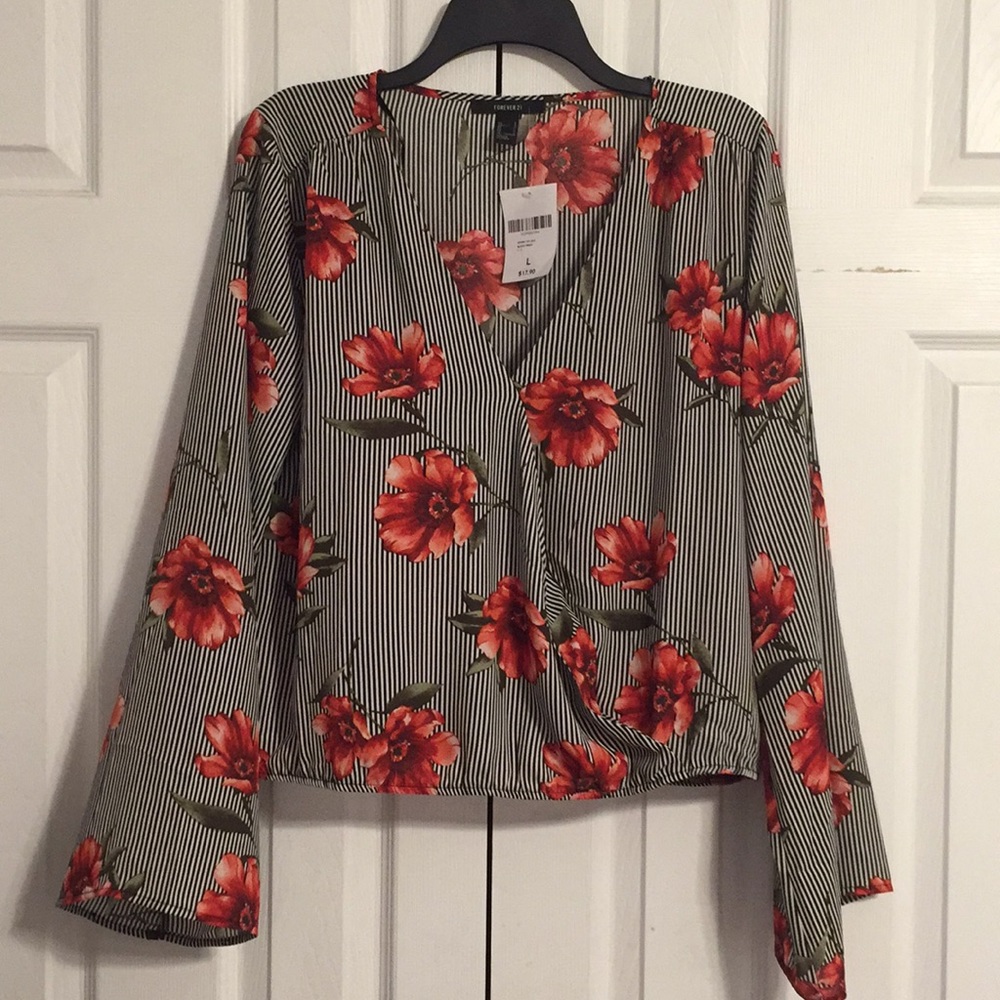 Black and white Striped Flowered Blouse